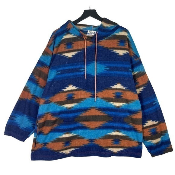 Vintage 90s Mens XL Aztec Blue Hoodie Sweatshirt Retro Classic Pullover‎ Adult - Picture 1 of 7